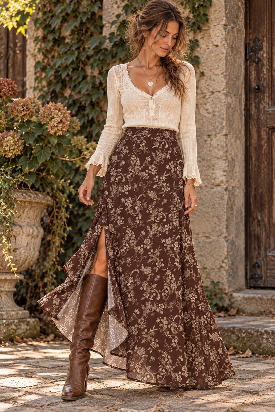 Sterling & Stitch Brown Floral Boho Maxi Skirt Asymmetrical Ruffle Hem NWT L